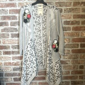 Vintage Concept grey texture long sleeve flower embroidered kimono duster size L